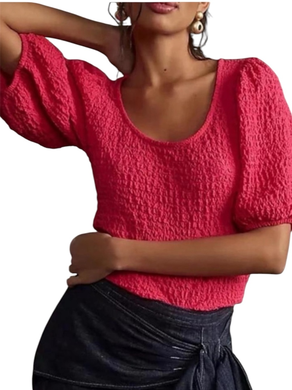 Maeve Anthropologie Pink Textured Puff Sleeve Scoop Neck Top Medium